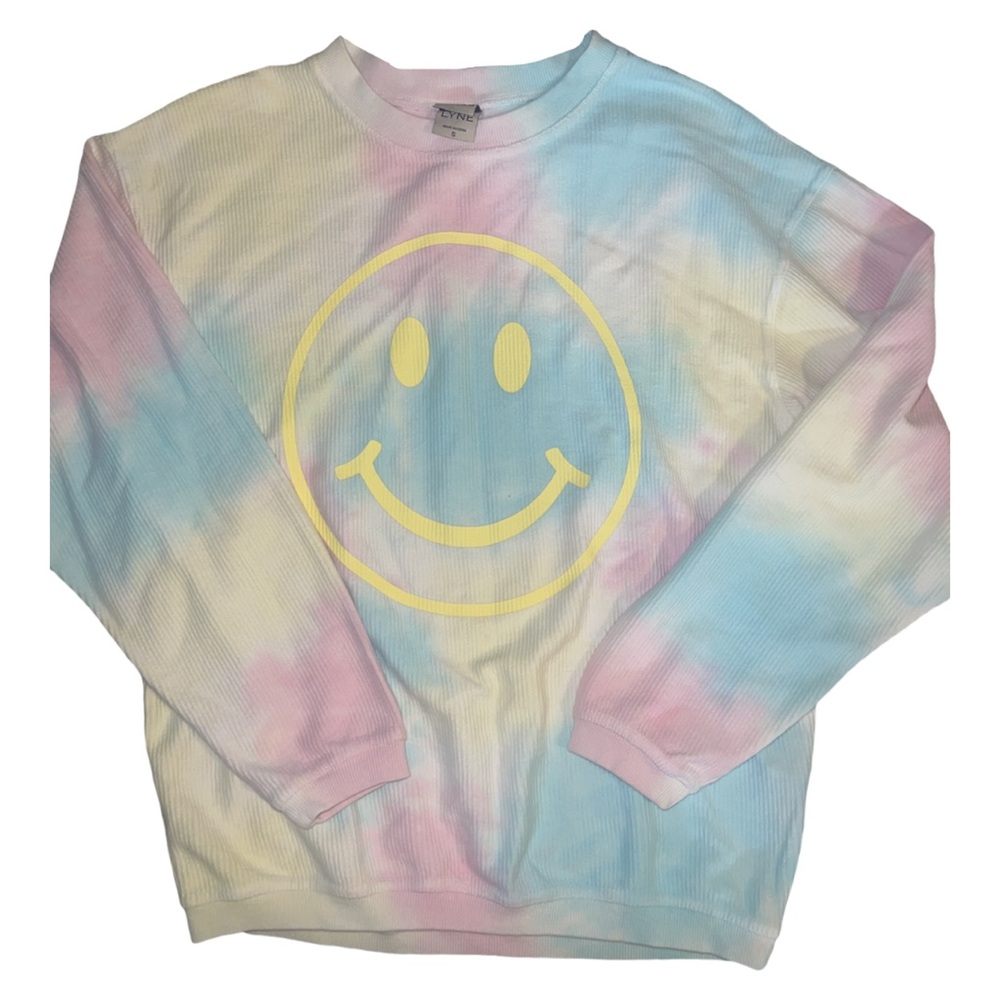 friday + saturday: smiley face corded sweatshirt - tie dye - small